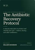 Book cover of 'The Antibiotic Recovery Protocol' by William Dickinson on a dark green background.