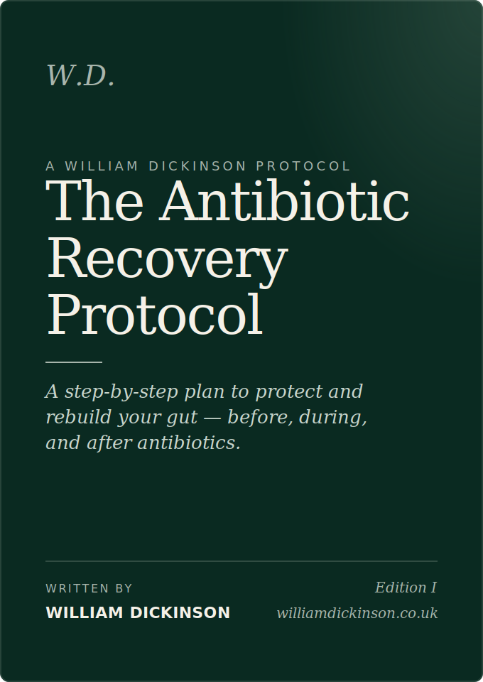 Book cover of 'The Antibiotic Recovery Protocol' by William Dickinson on a dark green background.