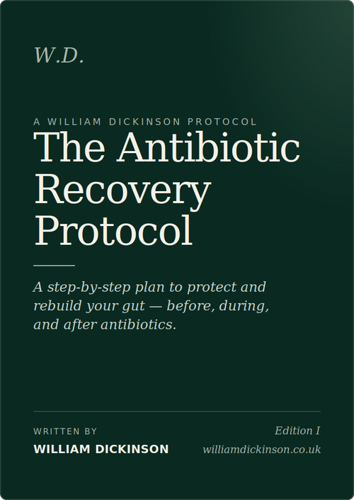 Book cover of 'The Antibiotic Recovery Protocol' by William Dickinson on a dark green background.